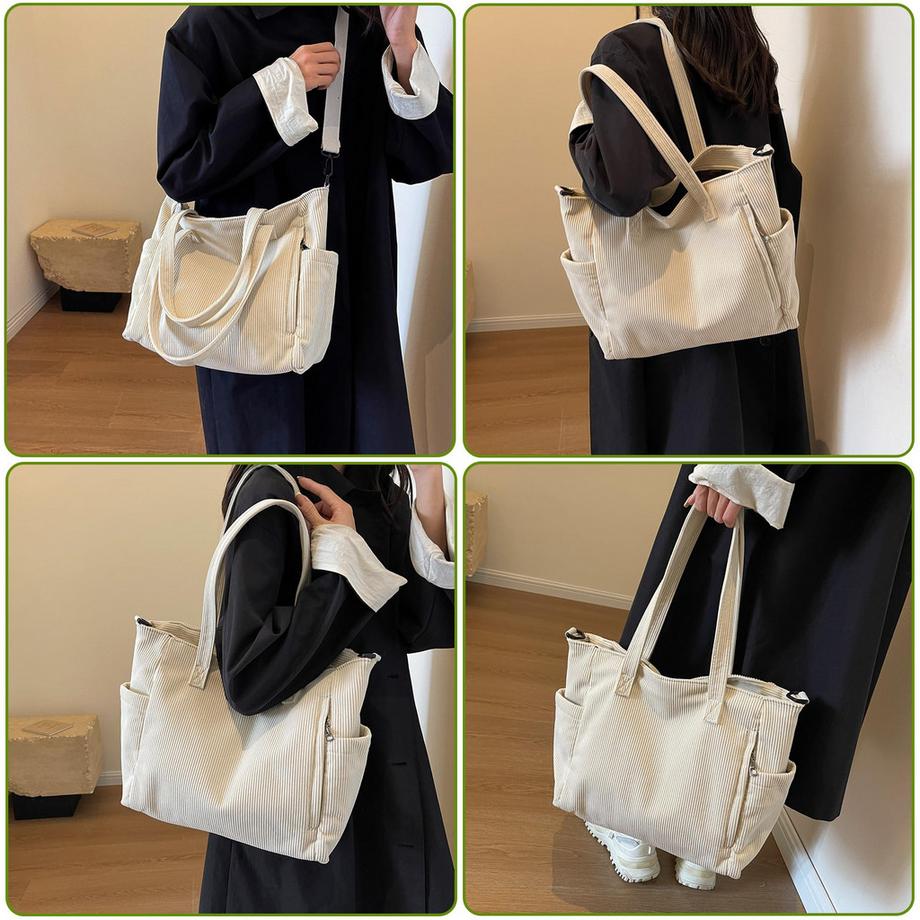 Only-bags.store Grosse Cord Tote Bag mit verstellbarem Schultergurt und Vordertasche  