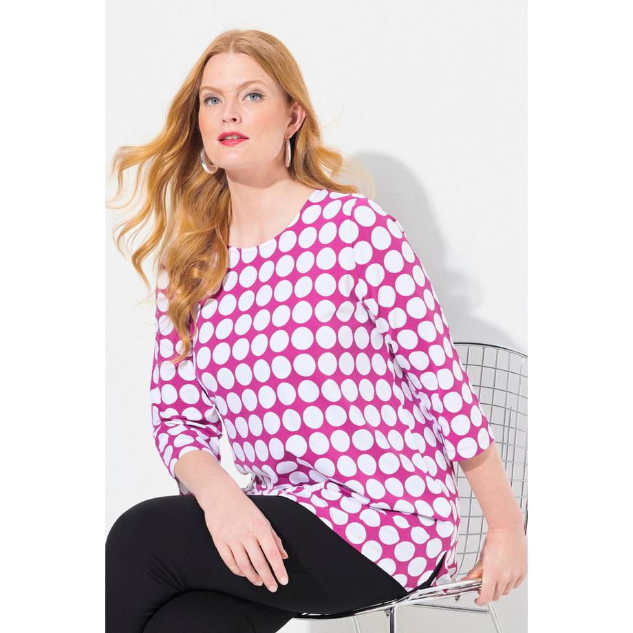 Ulla Popken T-shirt Dots Coupe Evasée Col Rond Manches 3/4 Coton Pima  