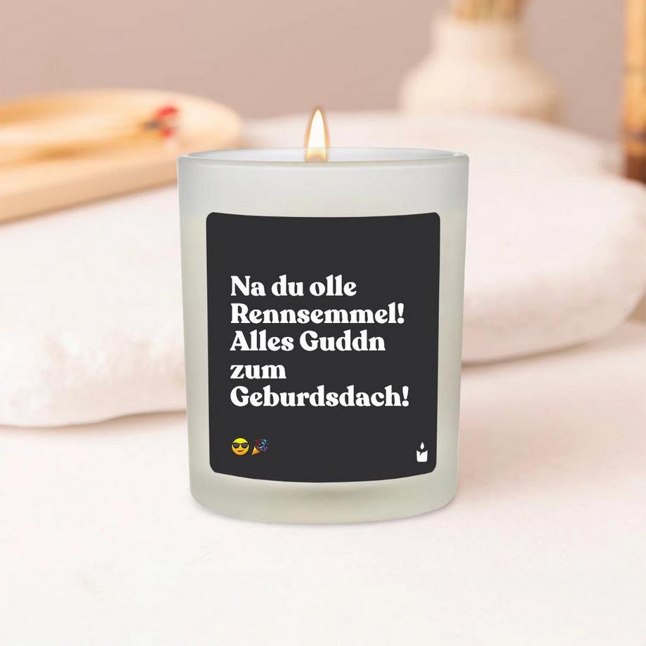 CandleHand Duftkerze Weiss Woody Na du olle Rennsemmel! Alles Guddn zum Geburdsdach  