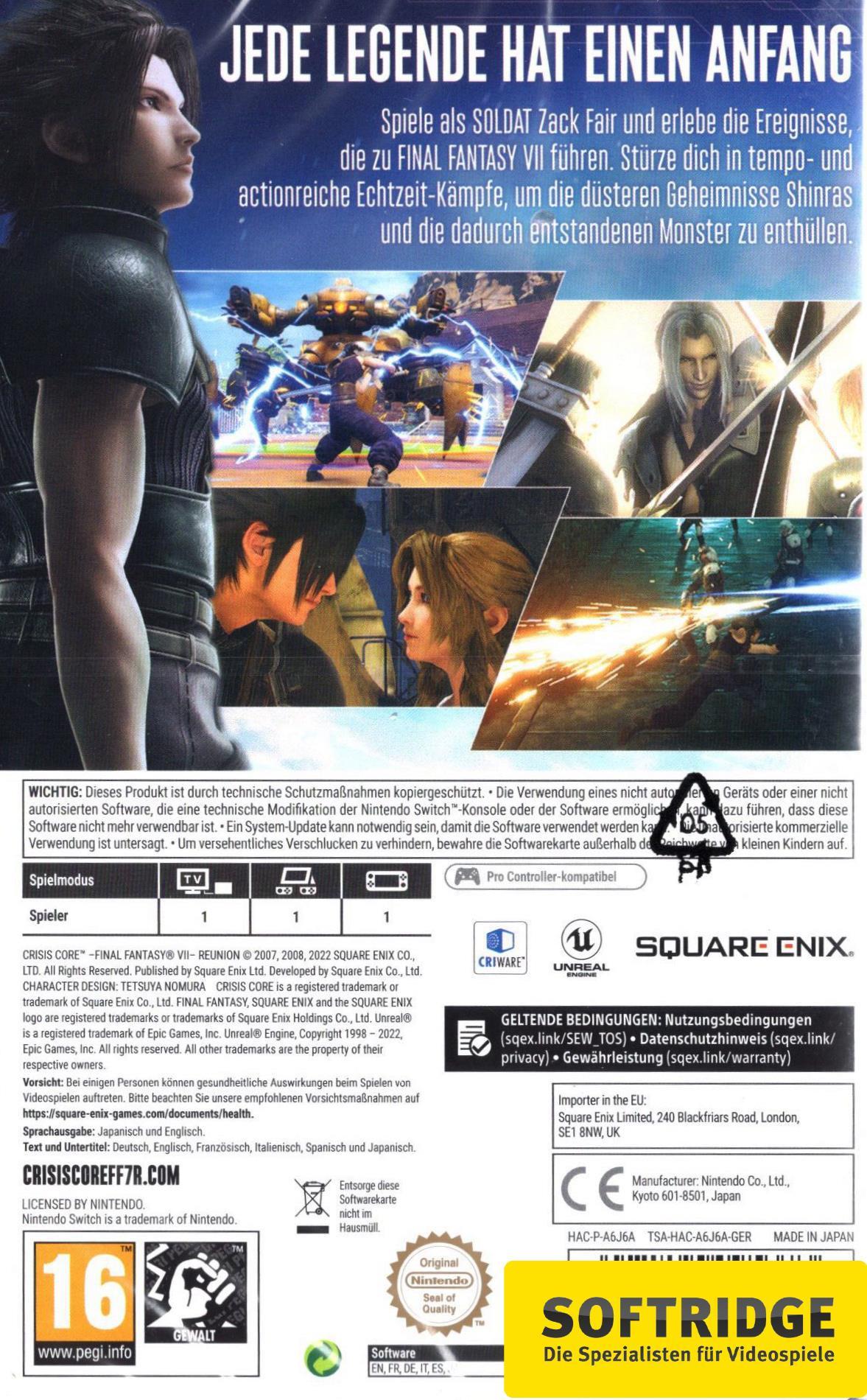 Square-Enix  Switch Crisis Core Final Fantasy VII Reunion 