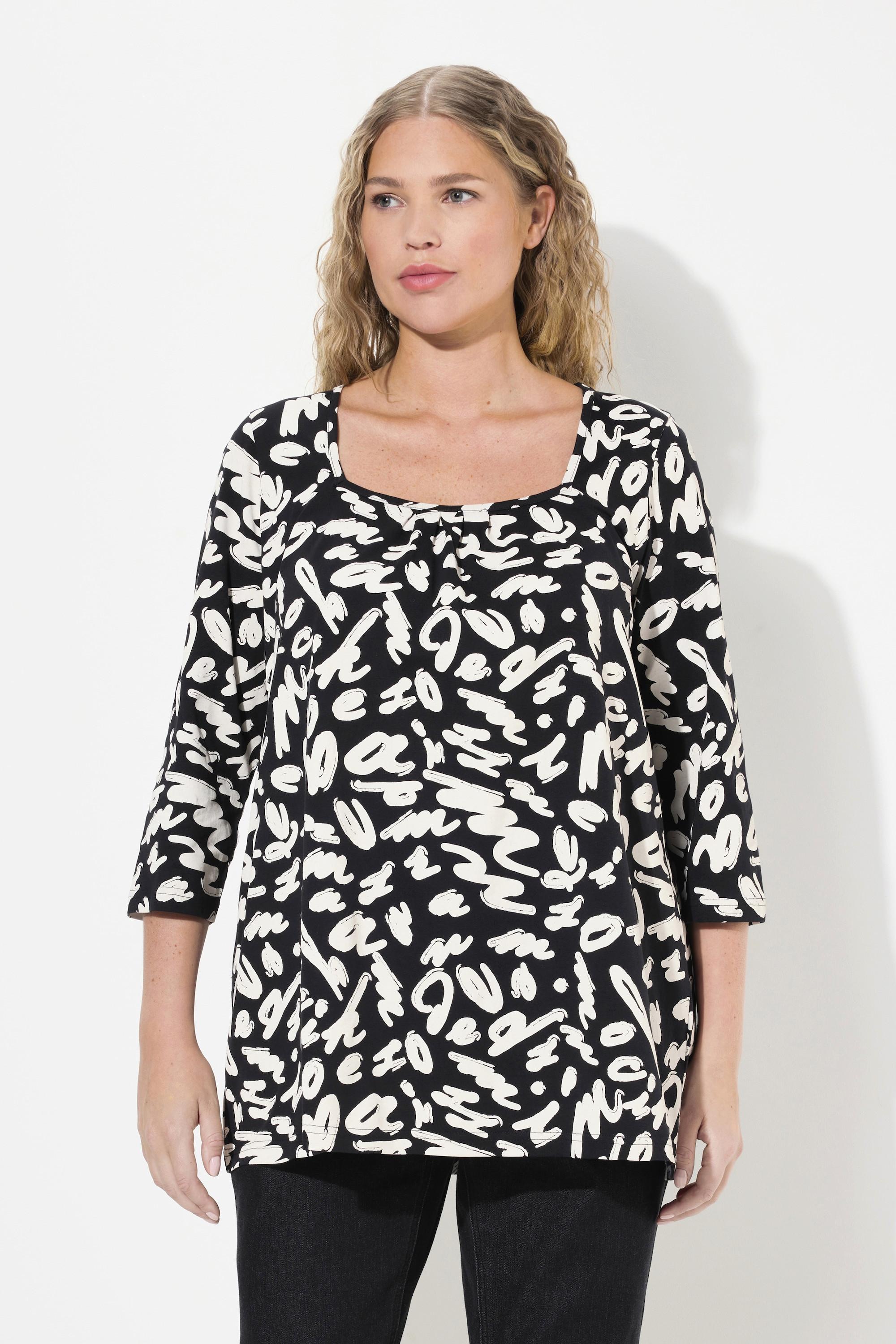 Ulla Popken  Shirt, A-Linie, Zierfalten, Carree-Ausschnitt, 3/4-Arm 