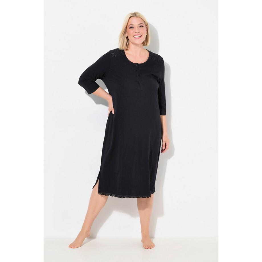 Ulla Popken Chemise de nuit Broderie Anglaise Pli Décoratif Col Rond Manches 3/4  