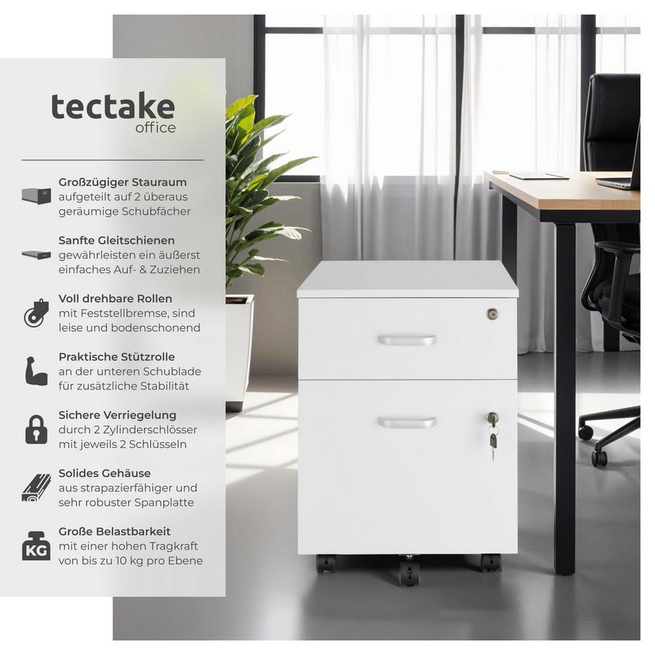 Tectake Rollcontainer Vagur mit 2 Schubladen für Dokumente im A4 Format abschließbar, inkl. Ersatzschlüsseln  