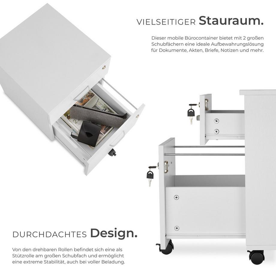 Tectake Rollcontainer Vagur mit 2 Schubladen für Dokumente im A4 Format abschließbar, inkl. Ersatzschlüsseln  