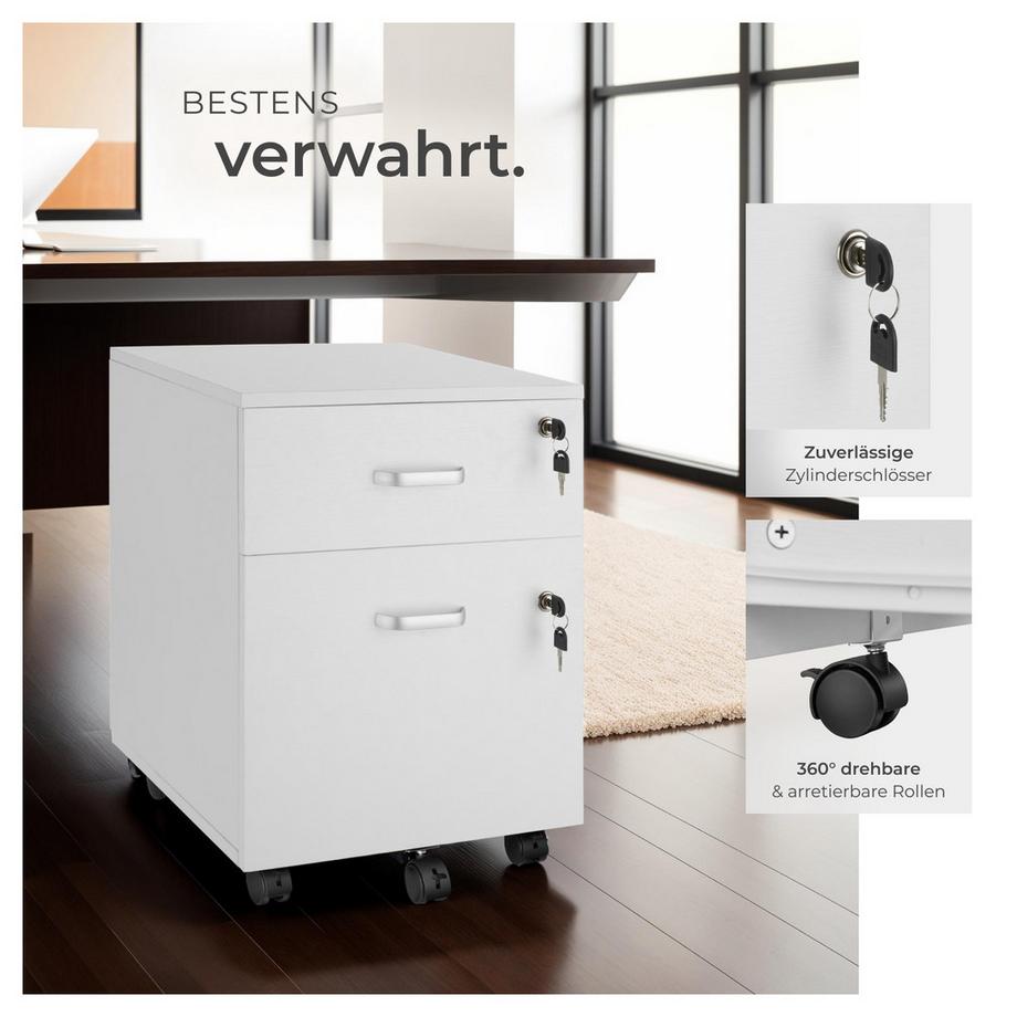Tectake Rollcontainer Vagur mit 2 Schubladen für Dokumente im A4 Format abschließbar, inkl. Ersatzschlüsseln  