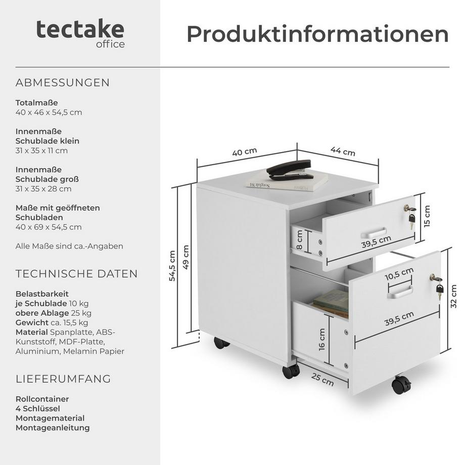 Tectake Rollcontainer Vagur mit 2 Schubladen für Dokumente im A4 Format abschließbar, inkl. Ersatzschlüsseln  
