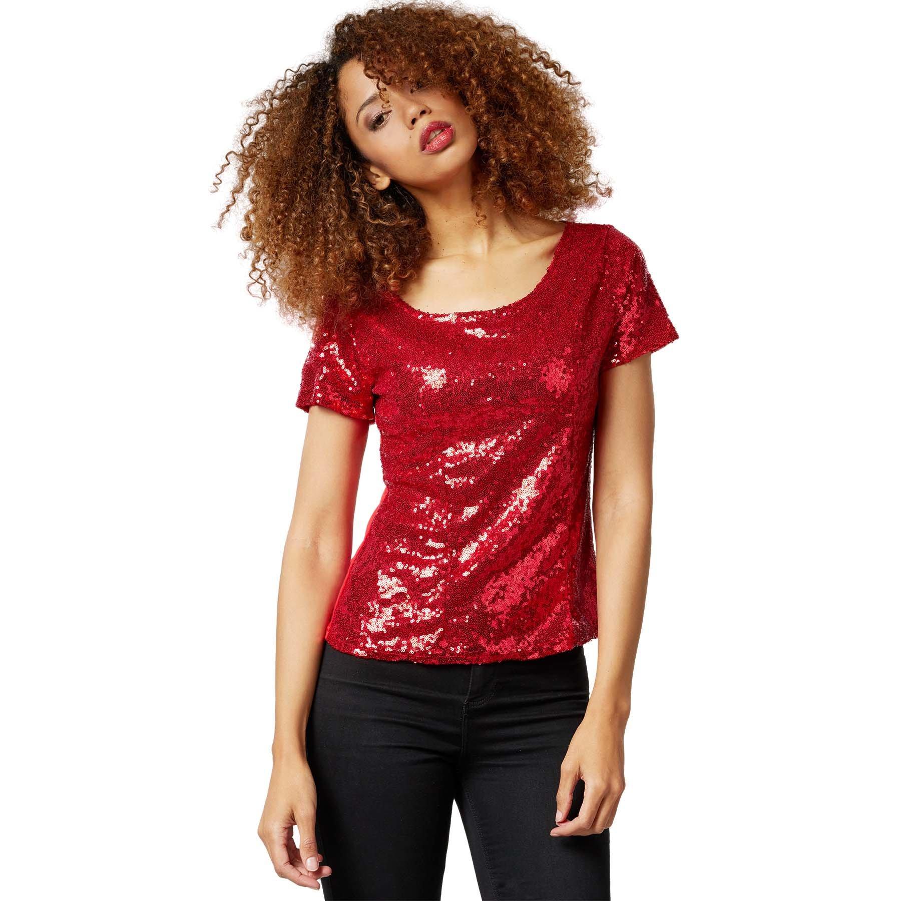 Image of Pailletten-kurzarm-shirt Damen Bordeaux S