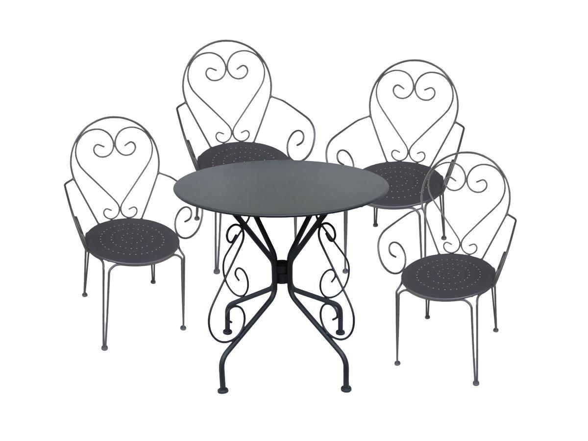 Image of Garten-Essgruppe: Tisch + 4 stapelbare Sessel - Metall in Eisenoptik - Anthrazit - GUERMANTES von MYLIA Garten-Essgruppe: Tisch + 4 stapelbare Sessel - Metall in Eisenoptik - Anthrazit - GUERMANTES von MYLIA