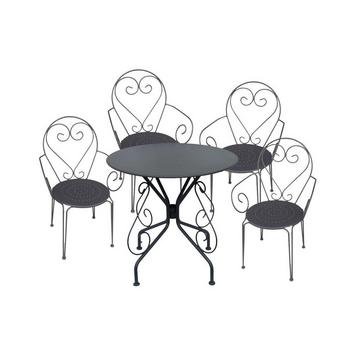 Salle à manger de jardin en métal façon fer forgé : une table et 4 fauteuils empilables - Anthracite - GUERMANTES de MYLIA