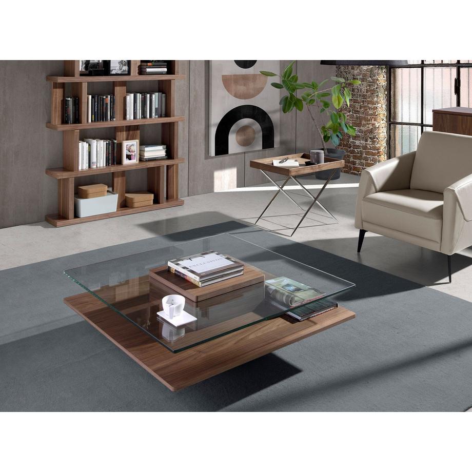 ANGEL CERDA Table basse carrée en verre trempé et noyer  