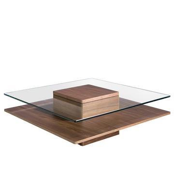 Tavolino quadrato in vetro temperato e legno di noce