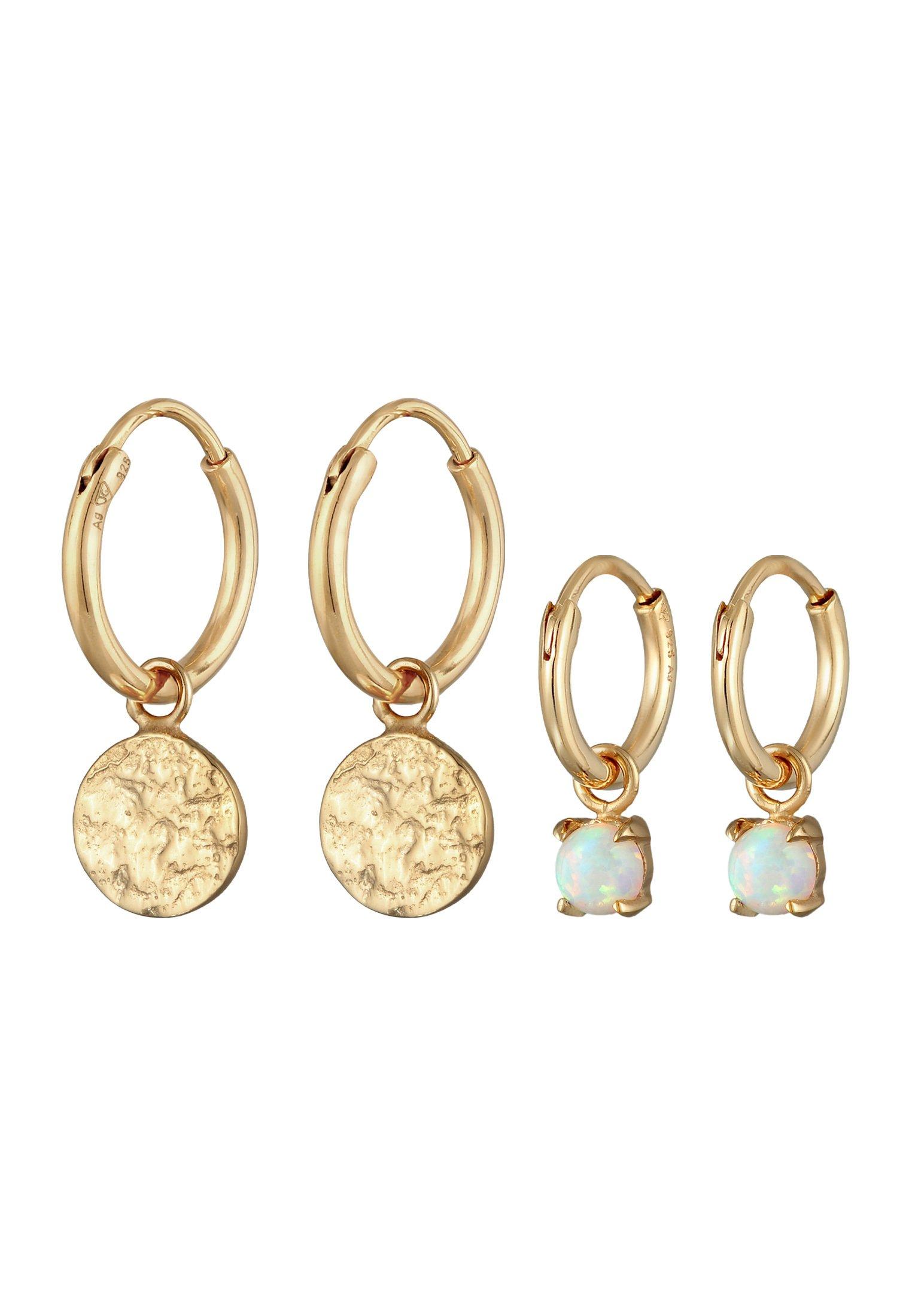Image of Ohrringe Creolen Plättchen Opal Edelstein 2er Set 925 Silber Unisex Gold ONE SIZE