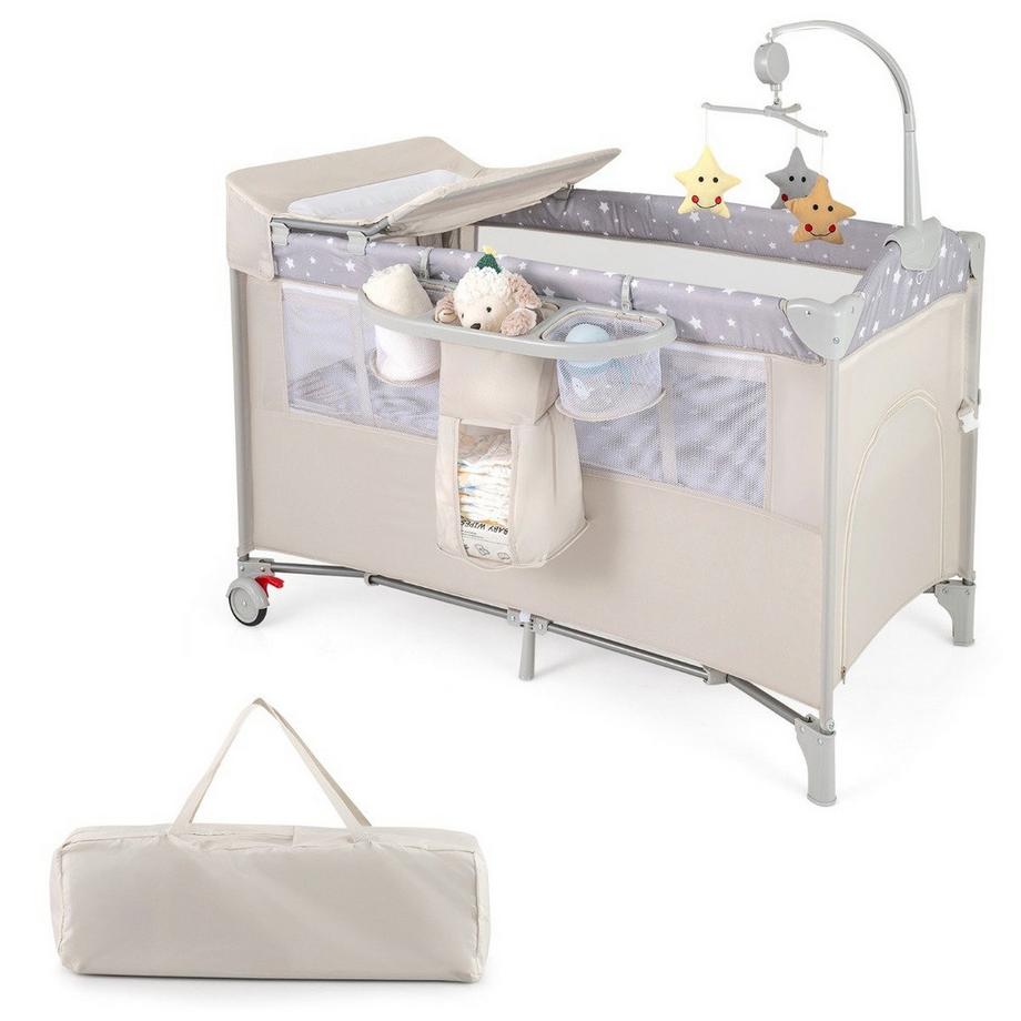 B2X  5 in 1 Beistellbett klappbar Reisebett mit Matratze 2 Ebene Babybett mit Rollen Beige 