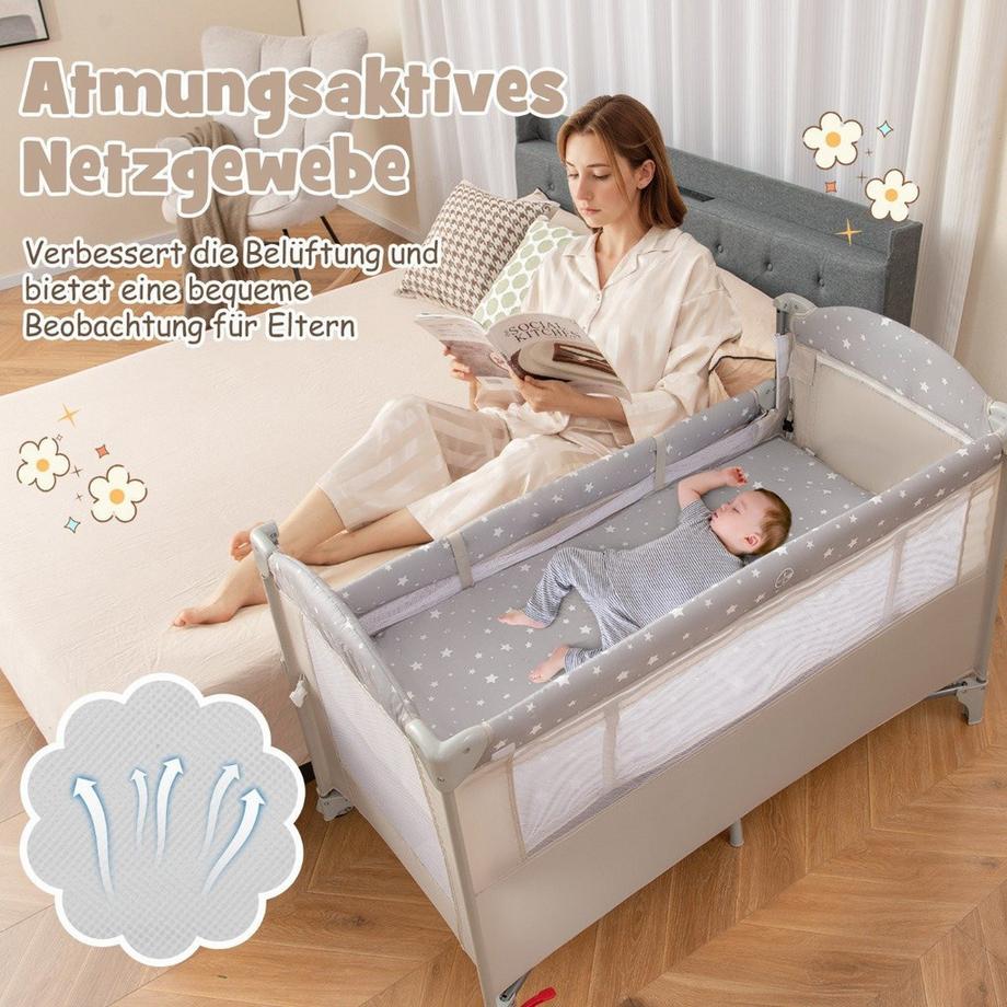 B2X  5 in 1 Beistellbett klappbar Reisebett mit Matratze 2 Ebene Babybett mit Rollen Beige 