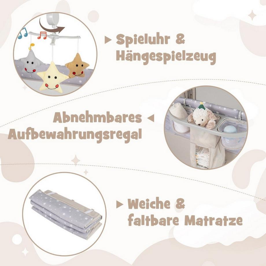 B2X  5 in 1 Beistellbett klappbar Reisebett mit Matratze 2 Ebene Babybett mit Rollen Beige 