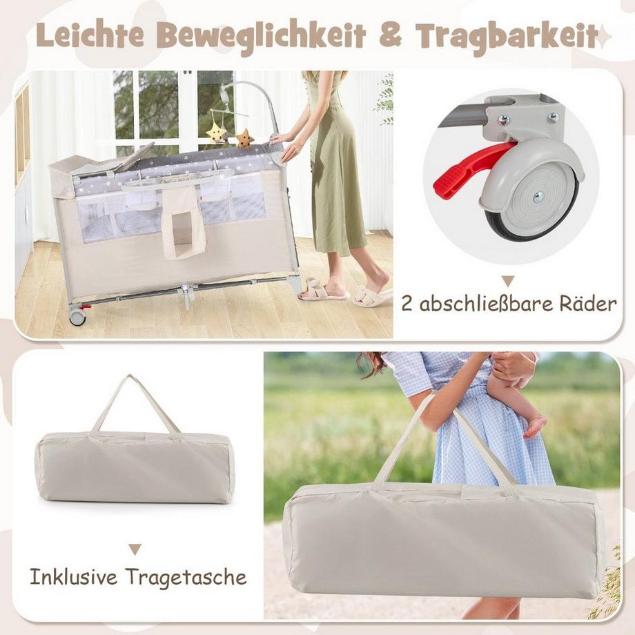 B2X  5 in 1 Beistellbett klappbar Reisebett mit Matratze 2 Ebene Babybett mit Rollen Beige 