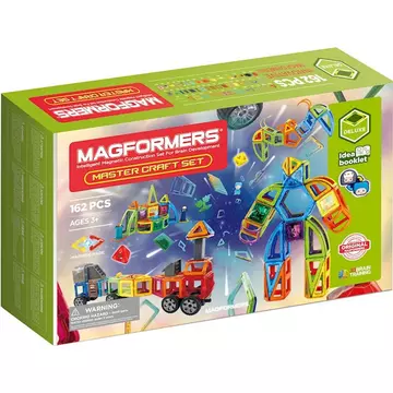 Magformers Master Craft Set 162 magnetische Teile, Ideen- Buch, Fahrzeugachsen