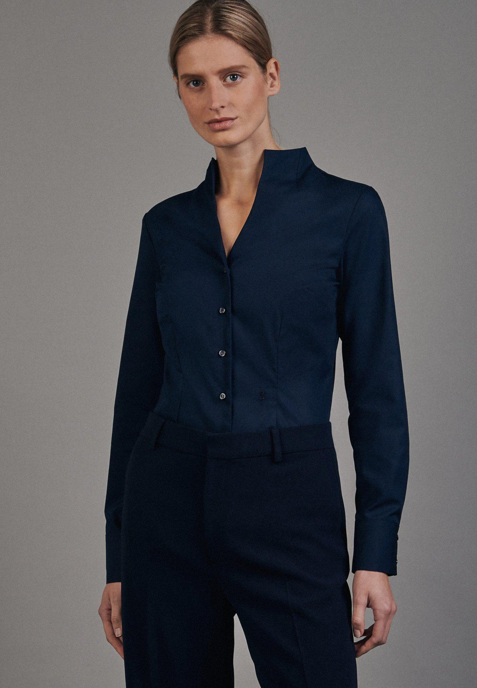 Image of Kelchkragenbluse Uni Langarm Kragen Damen Dunkelblau 40