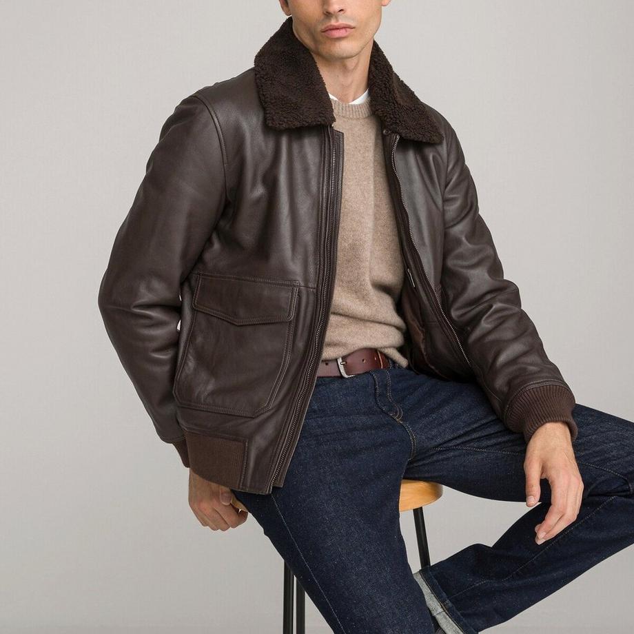 Blouson aviateur en cuir lisse col sherpa
