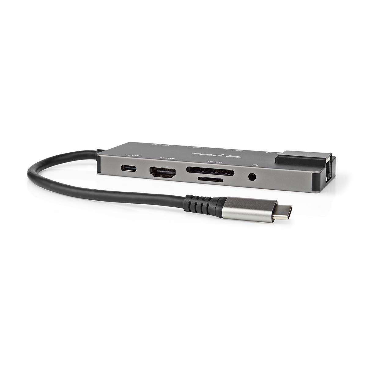 Nedis  USB-Multi-Port-Adapter | USB 3.2 Gen 1 | USB-C™ Stecker | HDMI™ Ausgang / RJ45 Buchse / SD / 2x USB-C™ / 3,5 mm Buchse / 3x USB-A Buchse | 5 Gbps | 0,20 m | Rund | Vergoldet | PVC | Anthrazit | Box 