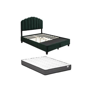 Lit 140 x 190 cm avec tiroirs - Velours - Vert sapin + Matelas - ILISIO