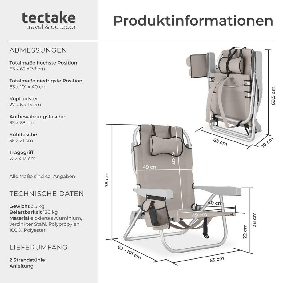 Tectake Chaise De Plage Aluminium Pliable Confortable Avec Dossier Réglable Et Coussin Appui-tête, 2 Pièces  