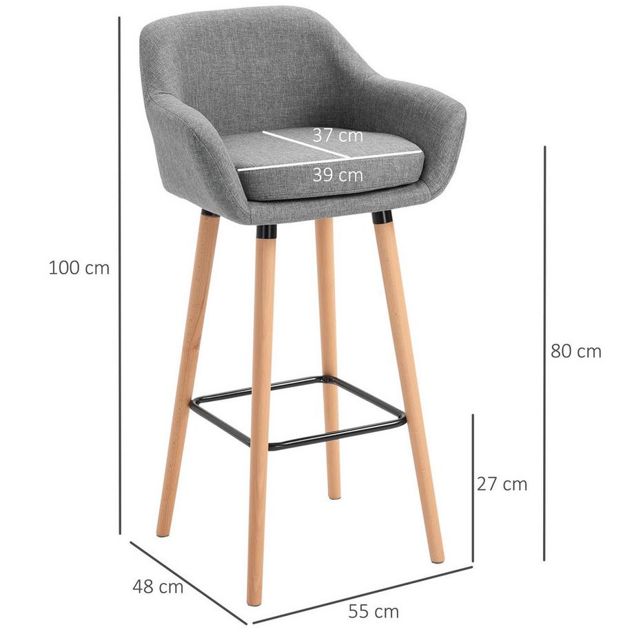 Northio Lot De 2 Tabourets De Bar, Chaise De Bar En Lin Avec Coussin D'Assise, Tabouret De Cuisine, Tabouret De Bistrot Avec Repose-Pieds, Tabouret De Comptoir, Gris, 55 X 48 X 100 Cm  