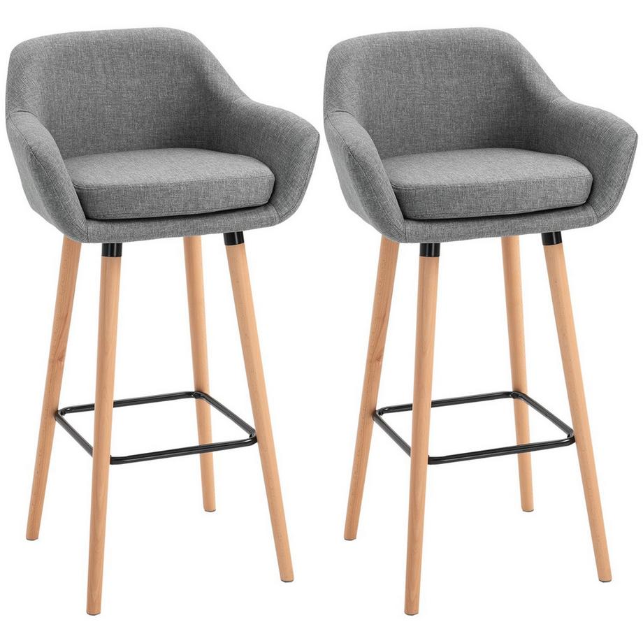 Lot De 2 Tabourets De Bar, Chaise De Bar En Lin Avec Coussin D'Assise, Tabouret De Cuisine, Tabouret De Bistrot Avec Repose-Pieds, Tabouret De Comptoir, Gris, 55 X 48 X 100 Cm