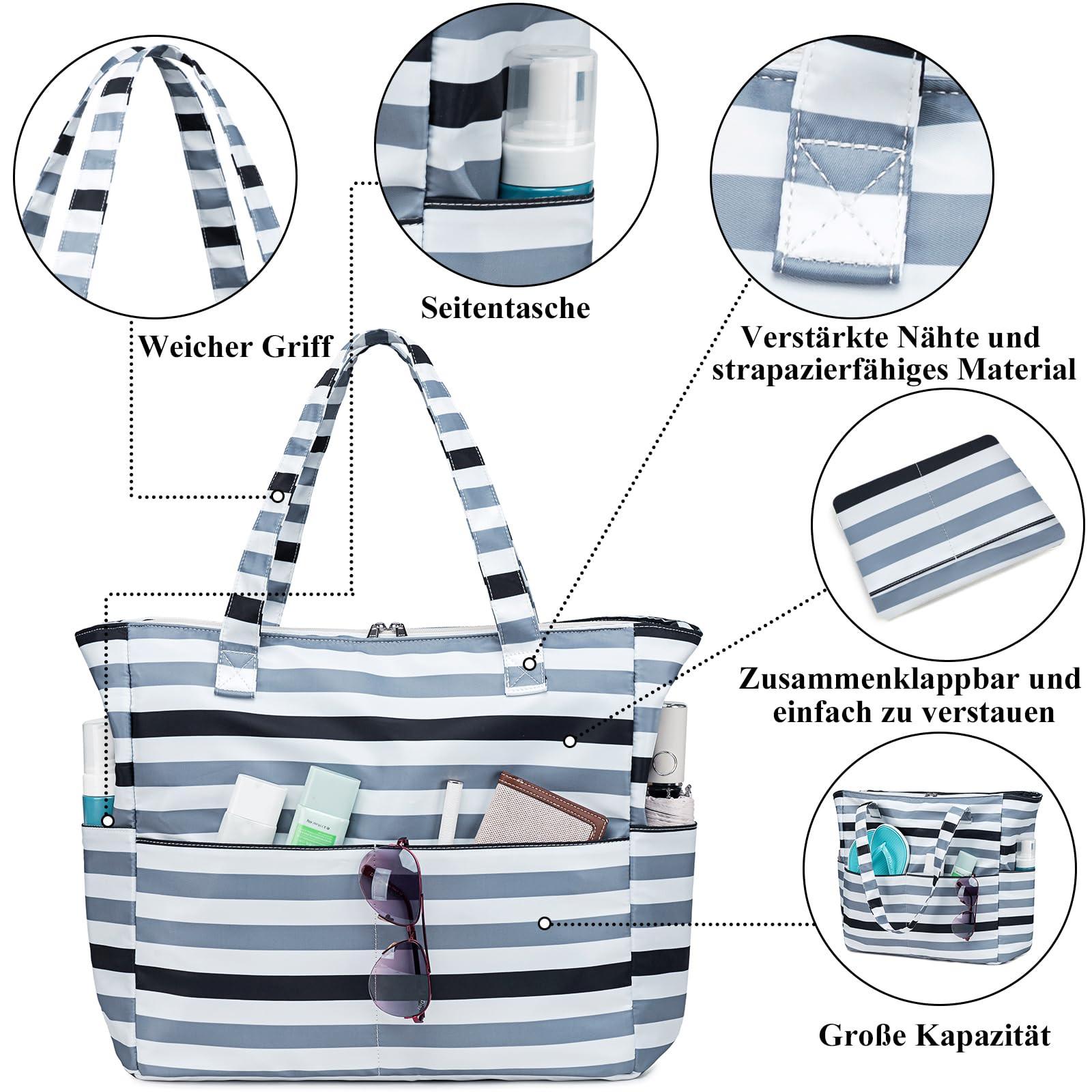 Only-bags.store Große gestreifte Strandtasche mit Reißverschluss  