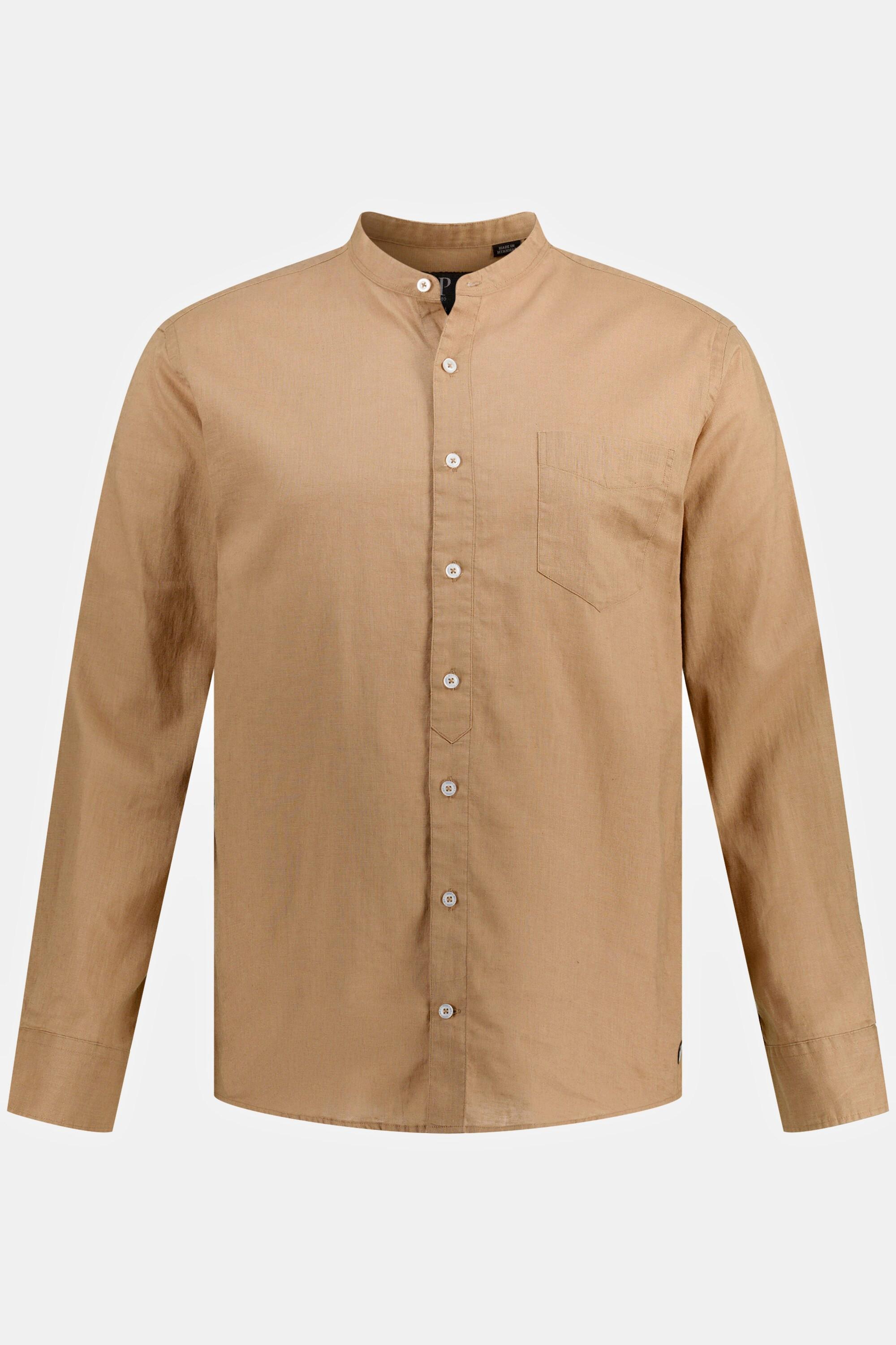 JP1880  Camicia in misto lino dalla vestibilità moderna con colletto alla coreana e maniche lunghe 