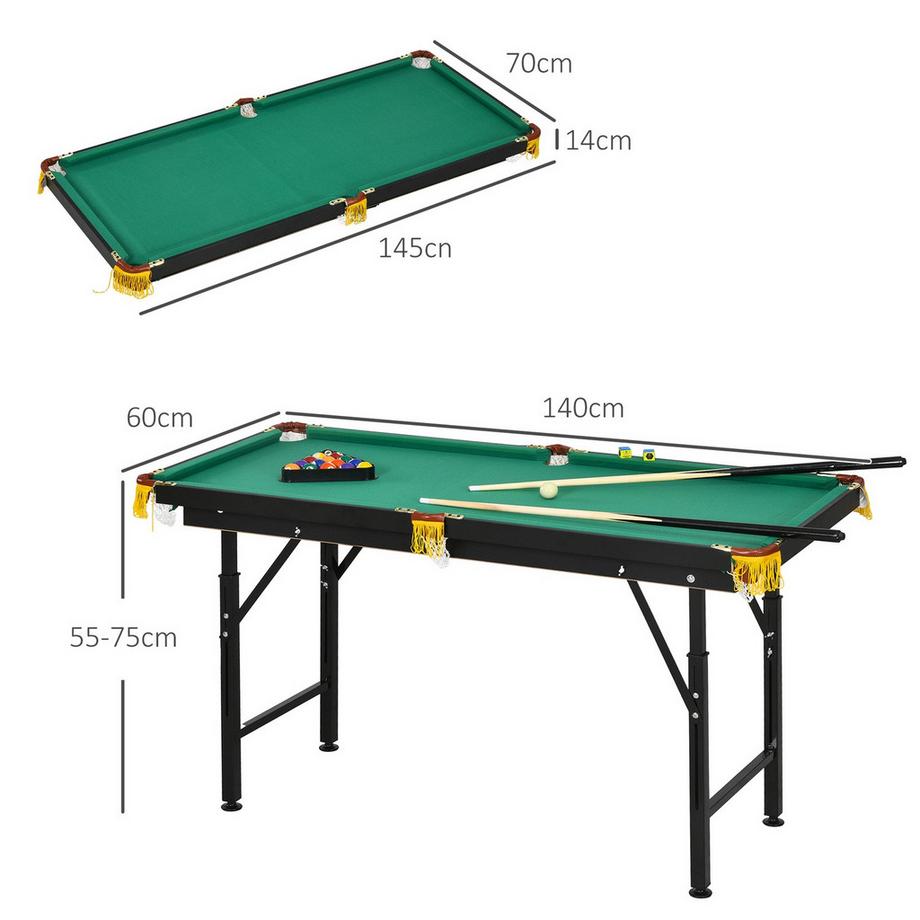Northio  Billardtisch 4,6Ft Klappbar 140 X 60 X 55-75 Cm Tischbillard Mit Zubehör, Dreieck, 2 Queues, 16 Kugeln Für Jugend, Erwachsene, Stahl, Grün 
