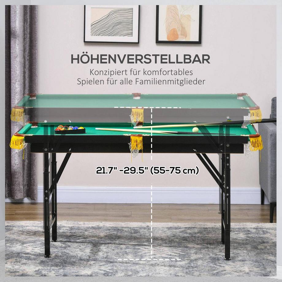 Northio  Billardtisch 4,6Ft Klappbar 140 X 60 X 55-75 Cm Tischbillard Mit Zubehör, Dreieck, 2 Queues, 16 Kugeln Für Jugend, Erwachsene, Stahl, Grün 