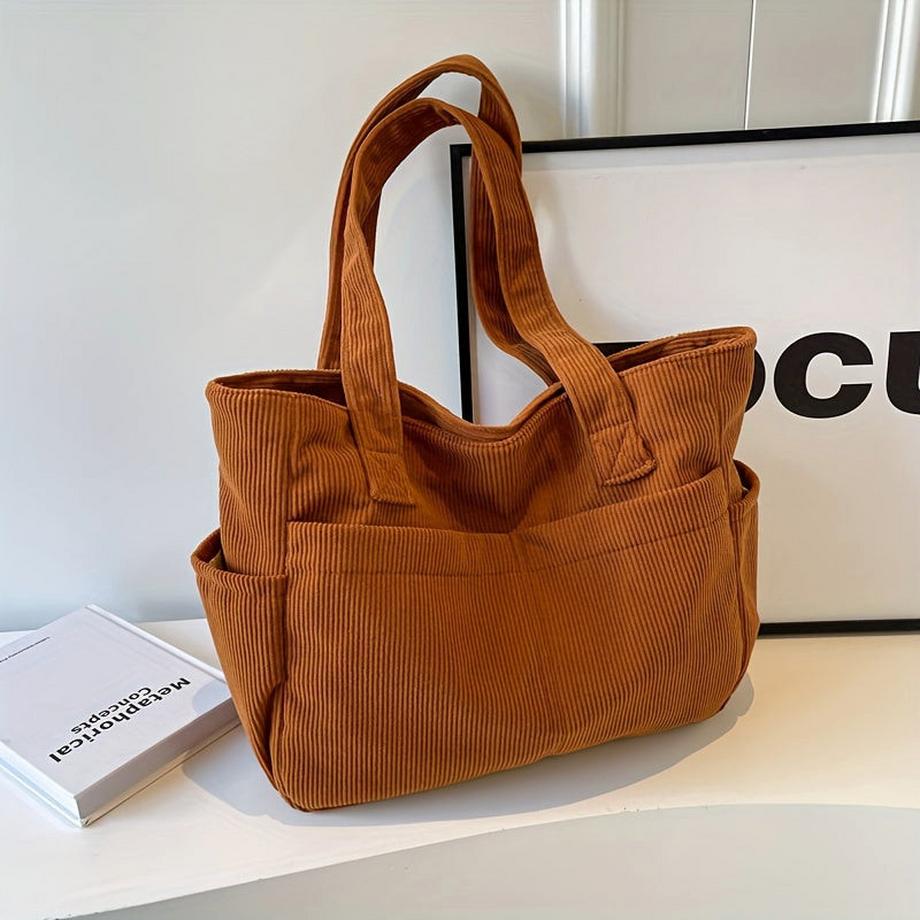 Chic Cord Tote Bag- geräumig mit mehreren Taschen, Solid Farbe Schulter Handtasche mit Reißverschluss