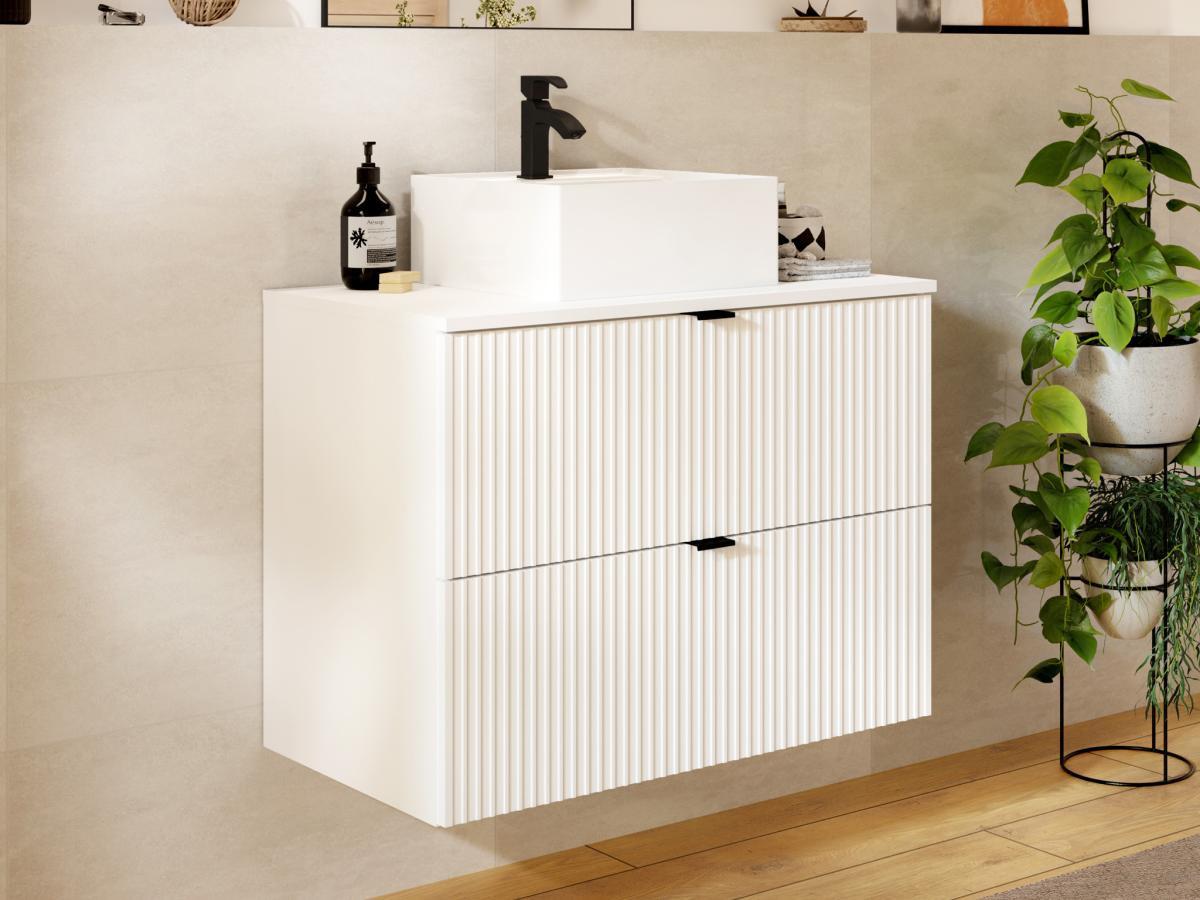 Vente-unique Mobile per bagno sospeso con scanalature e lavabo da appoggio L80 cm Bianco - ZEVINI  