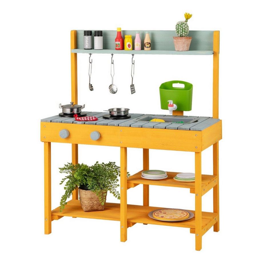 Northix  Matschküche Kinder Outdoor Kinderküche Holz mit Wasserfunktion Spielküche mit Haken & abnehmbarem Regal Orange 