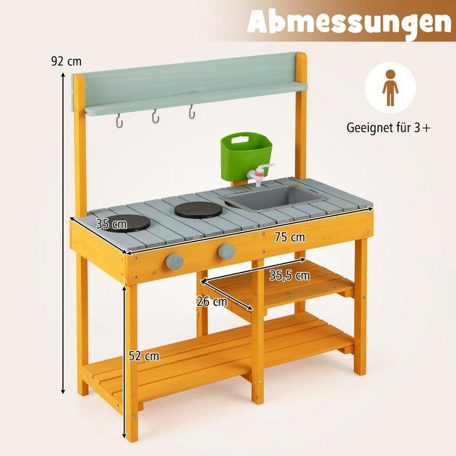 Northix  Matschküche Kinder Outdoor Kinderküche Holz mit Wasserfunktion Spielküche mit Haken & abnehmbarem Regal Orange 