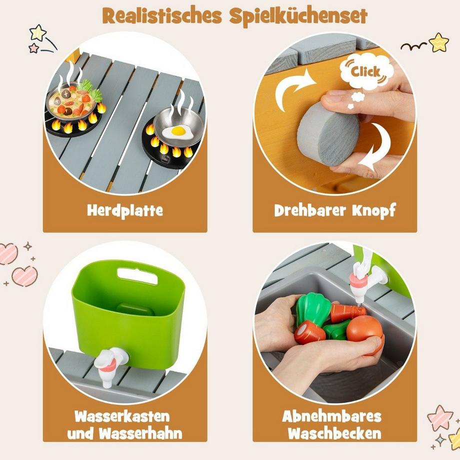 Northix  Matschküche Kinder Outdoor Kinderküche Holz mit Wasserfunktion Spielküche mit Haken & abnehmbarem Regal Orange 