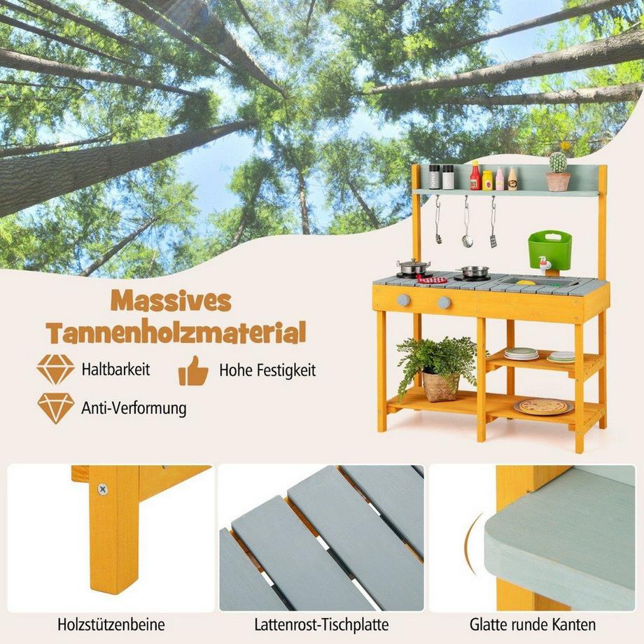 Northix  Matschküche Kinder Outdoor Kinderküche Holz mit Wasserfunktion Spielküche mit Haken & abnehmbarem Regal Orange 