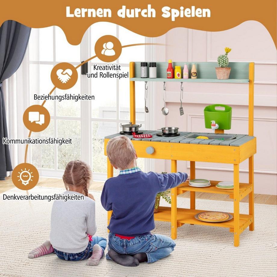 Northix  Matschküche Kinder Outdoor Kinderküche Holz mit Wasserfunktion Spielküche mit Haken & abnehmbarem Regal Orange 