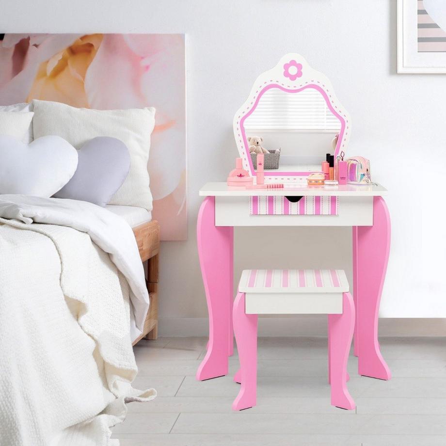 Northix  Ensemble coiffeuse et tabouret pour enfant avec miroir et tiroir 49 x 34 x 86,5 cm rose 