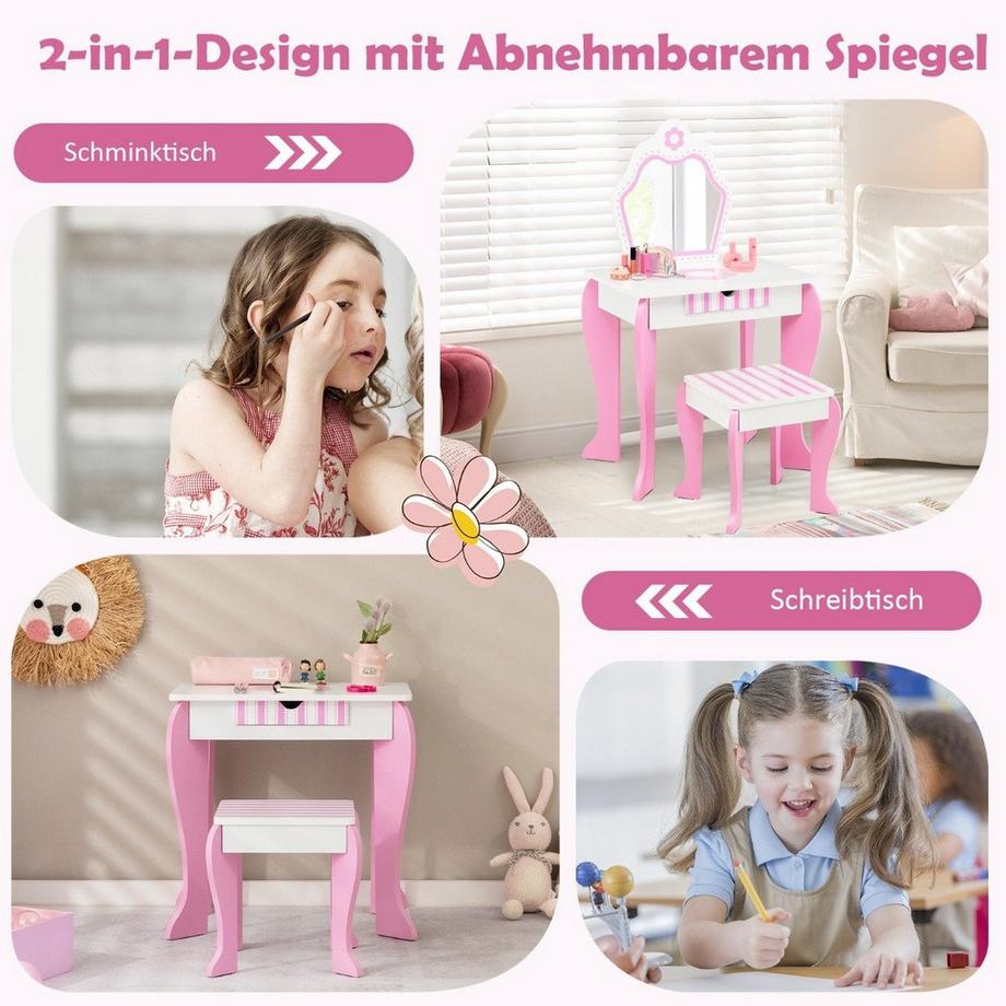 Northix  Ensemble coiffeuse et tabouret pour enfant avec miroir et tiroir 49 x 34 x 86,5 cm rose 