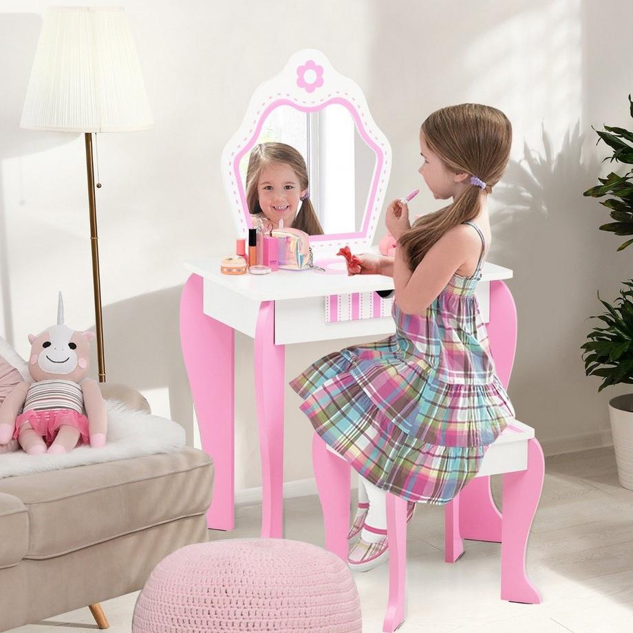 Northix  Ensemble coiffeuse et tabouret pour enfant avec miroir et tiroir 49 x 34 x 86,5 cm rose 