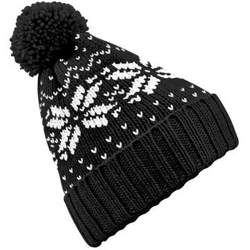 Strickmütze mit Bommel, SchneeflockenMuster
