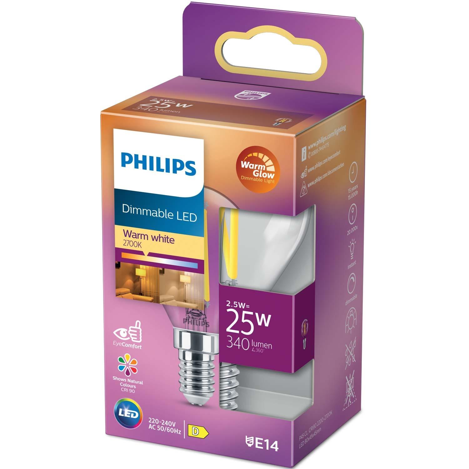 PHILIPS LED E14 Globe 2,5W (25W) Klar Dim WarmGlow 340 lm  