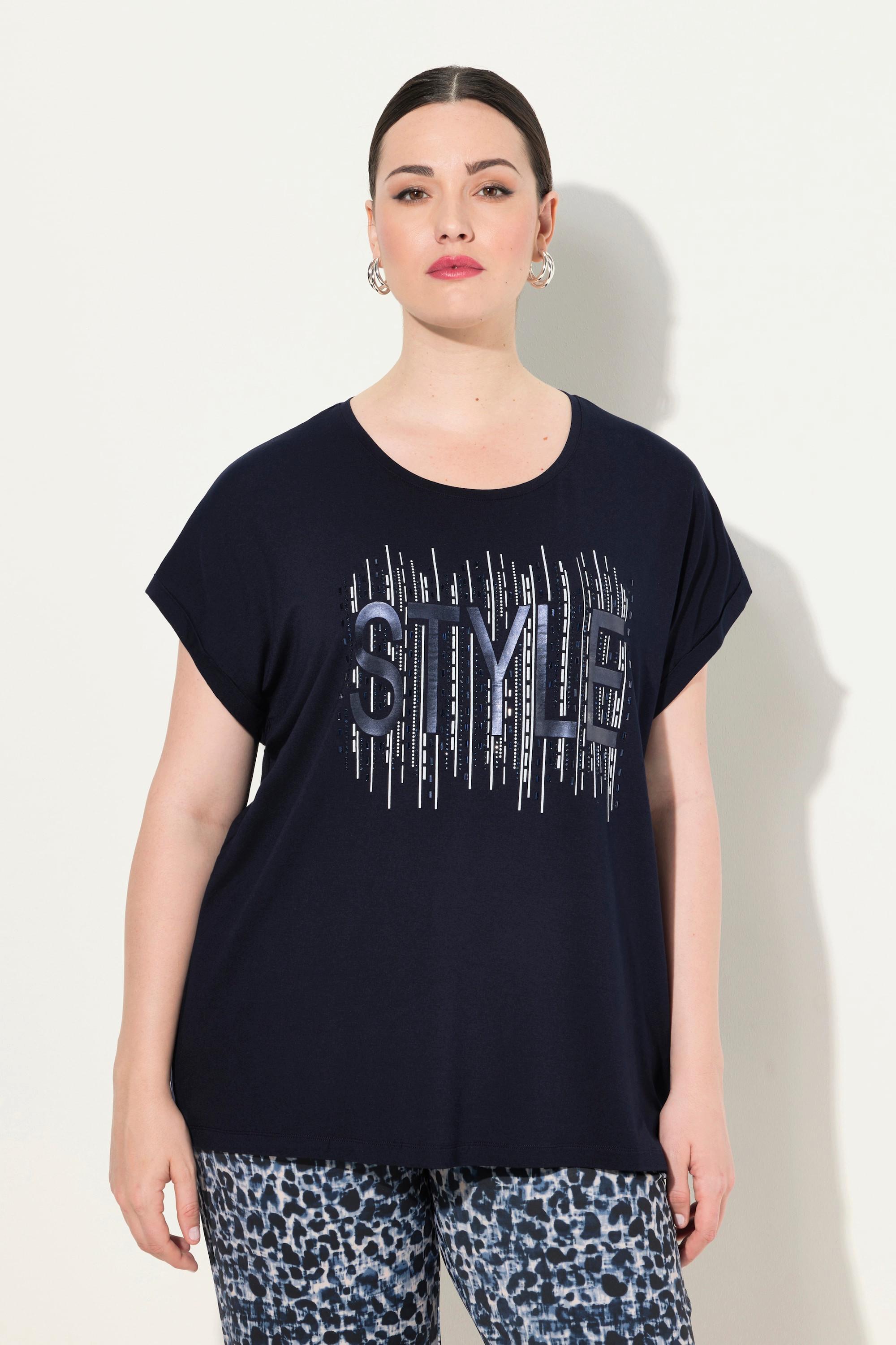 Ulla Popken  T-shirt dal taglio oversize con applicazioni, scollo rotondo e mezze maniche 