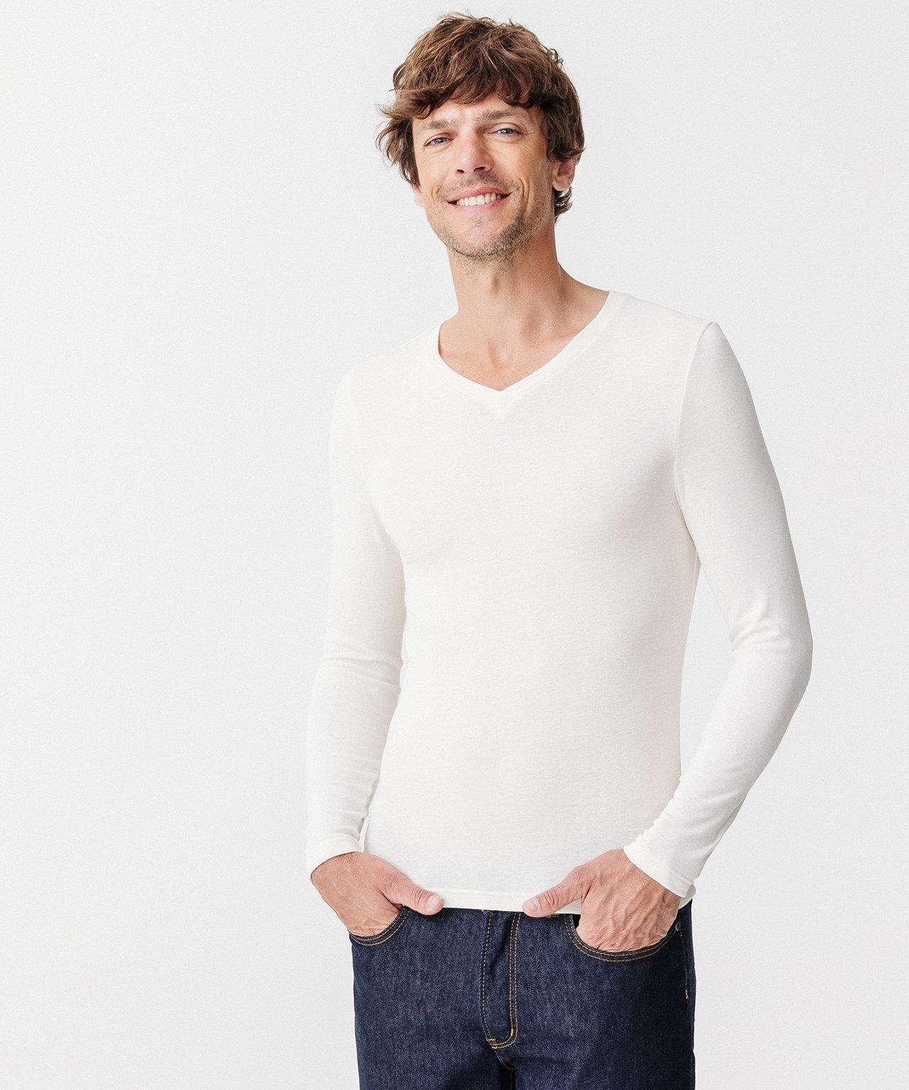 Image of Langärmeliges Shirt Mit V-ausschnitt, Wärmegrad Medium 3. Herren Weiss XXL