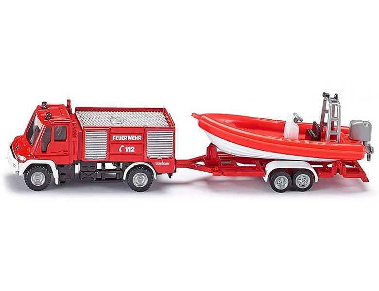 siku  1636, Feuerwehr Unimog mit Boot, Metall/Kunststoff, Rot, Schwimmfähiges Boot 