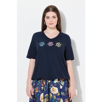 T-Shirt, Stickerei, V-Ausschnitt, Halbarm, Gummisaum