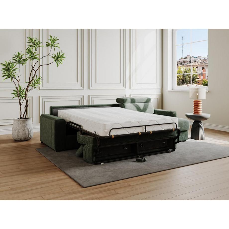 Vente-unique Ecksofa mit Matratze - Ecke wechselbar - Cord - Grün - Liegefläche mit Lattenrost mit breiten Latten 160 cm - Matratze 18 cm - VIZIR  