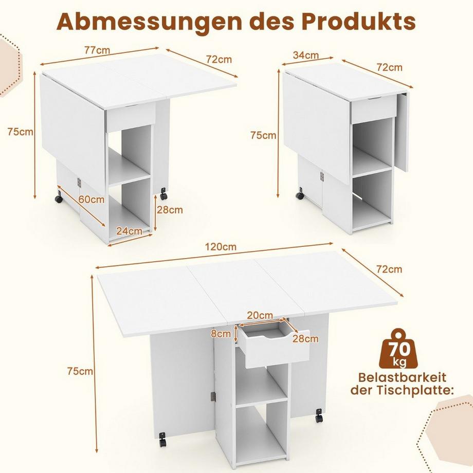Northix Esstisch klappbar mit 2 Rädern mobiler Klapptisch Esszimmertisch mit 2-stufiger Ablagefläche und Schublade Weiß  